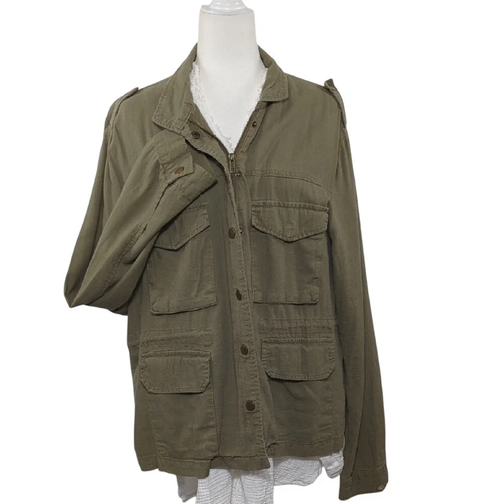 Vintage 90's Y2K Olive Green Military Style Utility‎ Jacket Chore Coat Linen XL